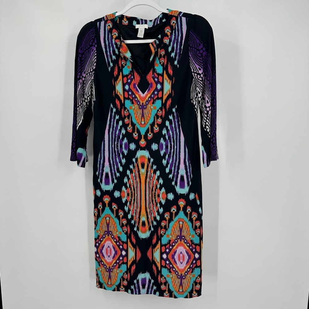 Chicos Womens Boho Shift Dress Size 0 US S Eclectic Bold Resort Mod Psychedelic